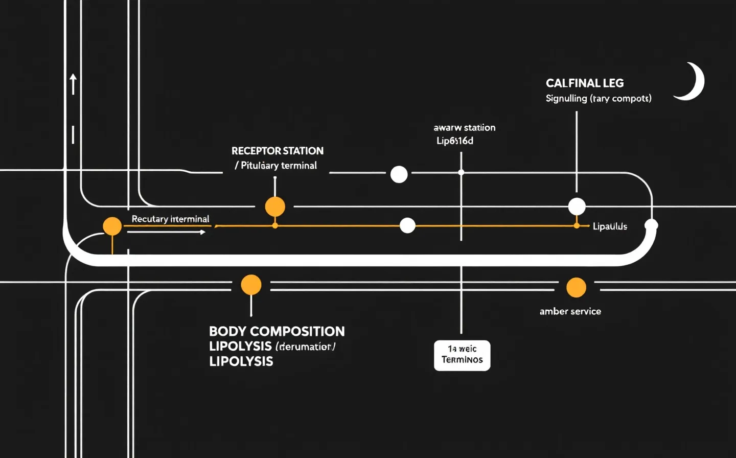 A monochrome transit-style route diagram of a white signaling line through labeled station dots, with the final leg drawn in warm amber to a destination dot, on a near-black ground